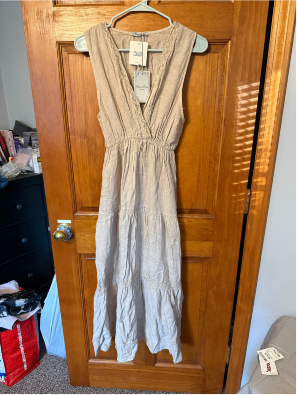 Women's Elena Baldi Linen Maxi Dress Size M Beige Gold